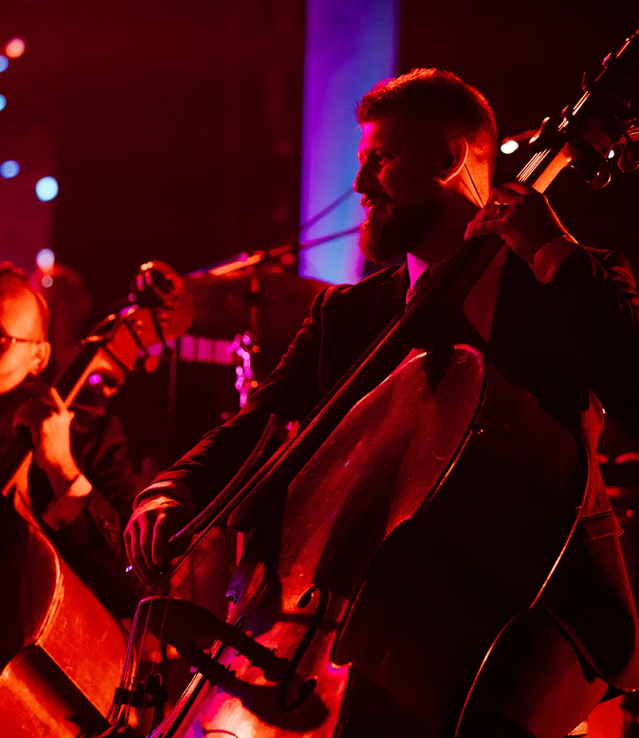 Close-up of violinist under warm golden lighting